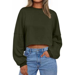 imageTrendy Queen Cropped Sweatshirts for Women Oversized Crewneck Sweaters Long Sleeve Tops Fall Winter Clothes 2024Armygreen