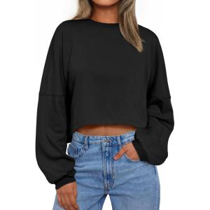 imageTrendy Queen Cropped Sweatshirts for Women Oversized Crewneck Sweaters Long Sleeve Tops Fall Winter Clothes 2024Black