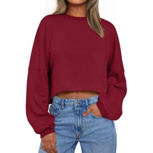 imageTrendy Queen Cropped Sweatshirts for Women Oversized Crewneck Sweaters Long Sleeve Tops Fall Winter Clothes 2024Burgundy