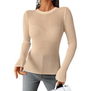 imageTrendy Queen Going Out Tops for Women Sheer Long Sleeve Tops 2024 Fall Crewneck Mesh See Through Sweaters Y2k OutfitsApricot