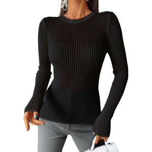 imageTrendy Queen Going Out Tops for Women Sheer Long Sleeve Tops 2024 Fall Crewneck Mesh See Through Sweaters Y2k OutfitsBlack