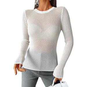 imageTrendy Queen Going Out Tops for Women Sheer Long Sleeve Tops 2024 Fall Crewneck Mesh See Through Sweaters Y2k OutfitsWhite