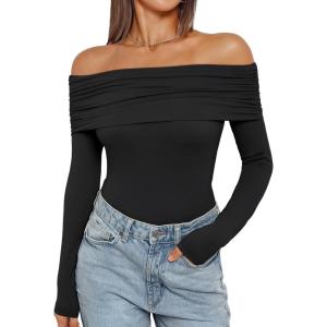 imageTrendy Queen Long Sleeve Off Shoulder Bodysuits for Women 2025 Slimming Fit Compression Backless Body SuitsBlack