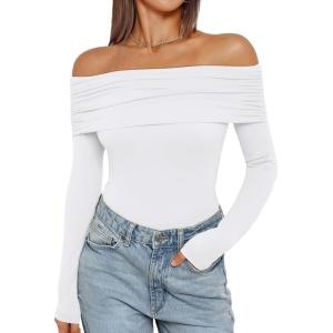 imageTrendy Queen Long Sleeve Off Shoulder Bodysuits for Women 2025 Slimming Fit Compression Backless Body SuitsWhite