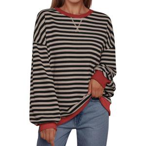 imageTrendy Queen Oversized Sweatshirt for Women 2024 Fall Crewneck Striped Long Sleeve Shirts Hoodies Preppy Top Y2K OutfitsBlackkhaki