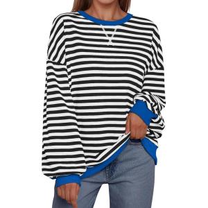 imageTrendy Queen Oversized Sweatshirt for Women 2024 Fall Crewneck Striped Long Sleeve Shirts Hoodies Preppy Top Y2K OutfitsBlackwhite