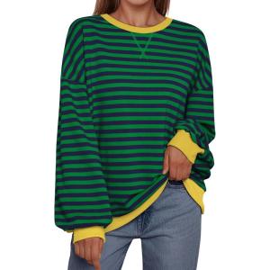 imageTrendy Queen Oversized Sweatshirt for Women 2024 Fall Crewneck Striped Long Sleeve Shirts Hoodies Preppy Top Y2K OutfitsBluegreen