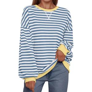 imageTrendy Queen Oversized Sweatshirt for Women 2024 Fall Crewneck Striped Long Sleeve Shirts Hoodies Preppy Top Y2K OutfitsBluewhite