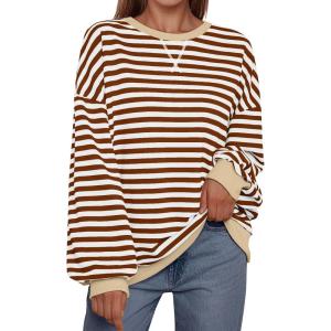 imageTrendy Queen Oversized Sweatshirt for Women 2024 Fall Crewneck Striped Long Sleeve Shirts Hoodies Preppy Top Y2K OutfitsBrownwhite