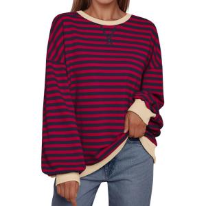 imageTrendy Queen Oversized Sweatshirt for Women 2024 Fall Crewneck Striped Long Sleeve Shirts Hoodies Preppy Top Y2K OutfitsBurgundyblue