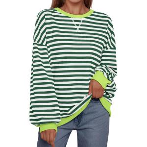 imageTrendy Queen Oversized Sweatshirt for Women 2024 Fall Crewneck Striped Long Sleeve Shirts Hoodies Preppy Top Y2K OutfitsGreenwhite