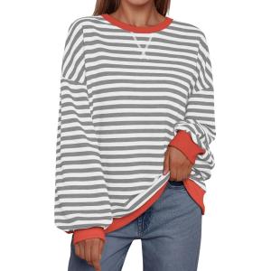 imageTrendy Queen Oversized Sweatshirt for Women 2024 Fall Crewneck Striped Long Sleeve Shirts Hoodies Preppy Top Y2K OutfitsGreywhite