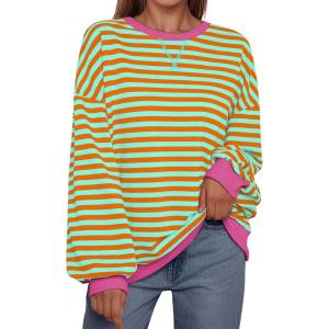 imageTrendy Queen Oversized Sweatshirt for Women 2024 Fall Crewneck Striped Long Sleeve Shirts Hoodies Preppy Top Y2K OutfitsOrangegreen