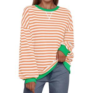 imageTrendy Queen Oversized Sweatshirt for Women 2024 Fall Crewneck Striped Long Sleeve Shirts Hoodies Preppy Top Y2K OutfitsOrangewhite