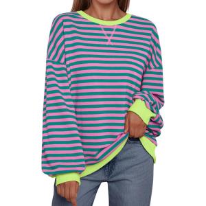 imageTrendy Queen Oversized Sweatshirt for Women 2024 Fall Crewneck Striped Long Sleeve Shirts Hoodies Preppy Top Y2K OutfitsPinkgreen