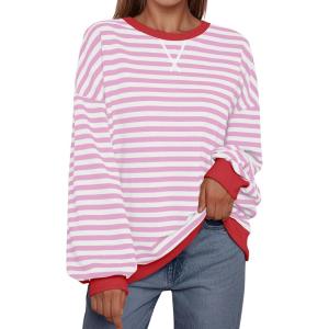 imageTrendy Queen Oversized Sweatshirt for Women 2024 Fall Crewneck Striped Long Sleeve Shirts Hoodies Preppy Top Y2K OutfitsPinkwhite