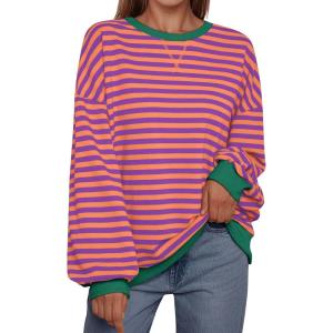 imageTrendy Queen Oversized Sweatshirt for Women 2024 Fall Crewneck Striped Long Sleeve Shirts Hoodies Preppy Top Y2K OutfitsPurpleyellow