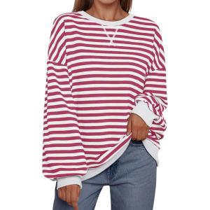 imageTrendy Queen Oversized Sweatshirt for Women 2024 Fall Crewneck Striped Long Sleeve Shirts Hoodies Preppy Top Y2K OutfitsRaspberrywhite