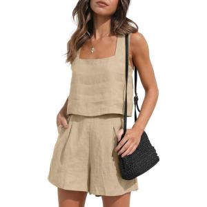 imageTrendy Queen Women 2 Piece Outfits Linen Matching Sets Two Piece Lounge Shorts Crop Tops 2024 Summer Clothes Beach VacationKhaki