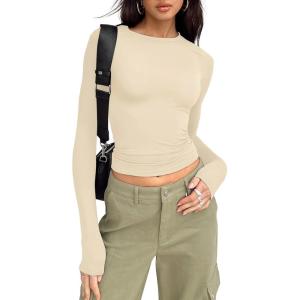 imageTrendy Queen Womens Long Sleeve Shirts Basic Crop Tops Tight Slim Fit Cute Teen Girls Fall Winter Y2k ClothesApricot