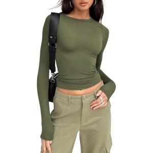 imageTrendy Queen Womens Long Sleeve Shirts Basic Crop Tops Tight Slim Fit Cute Teen Girls Fall Winter Y2k ClothesArmy Green