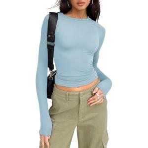 imageTrendy Queen Womens Long Sleeve Shirts Basic Crop Tops Tight Slim Fit Cute Teen Girls Fall Winter Y2k ClothesBaby Blue