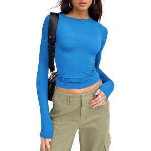 imageTrendy Queen Womens Long Sleeve Shirts Basic Crop Tops Tight Slim Fit Cute Teen Girls Fall Winter Y2k ClothesBlue