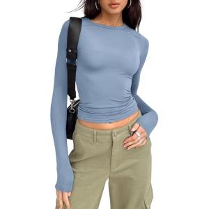 imageTrendy Queen Womens Long Sleeve Shirts Basic Crop Tops Tight Slim Fit Cute Teen Girls Fall Winter Y2k ClothesBlue Gray