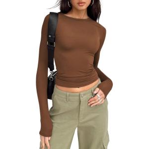 imageTrendy Queen Womens Long Sleeve Shirts Basic Crop Tops Tight Slim Fit Cute Teen Girls Fall Winter Y2k ClothesBrown