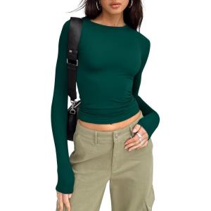 imageTrendy Queen Womens Long Sleeve Shirts Basic Crop Tops Tight Slim Fit Cute Teen Girls Fall Winter Y2k ClothesDark Green