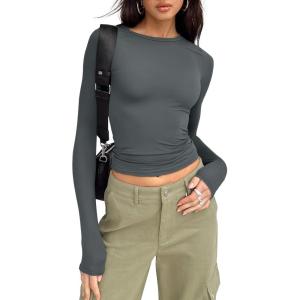 imageTrendy Queen Womens Long Sleeve Shirts Basic Crop Tops Tight Slim Fit Cute Teen Girls Fall Winter Y2k ClothesGray