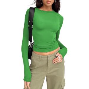 imageTrendy Queen Womens Long Sleeve Shirts Basic Crop Tops Tight Slim Fit Cute Teen Girls Fall Winter Y2k ClothesGreen