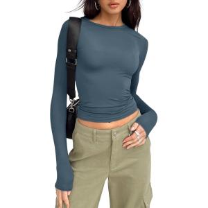 imageTrendy Queen Womens Long Sleeve Shirts Basic Crop Tops Tight Slim Fit Cute Teen Girls Fall Winter Y2k ClothesHaze Blue