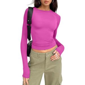 imageTrendy Queen Womens Long Sleeve Shirts Basic Crop Tops Tight Slim Fit Cute Teen Girls Fall Winter Y2k ClothesHot Pink