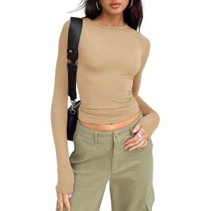 imageTrendy Queen Womens Long Sleeve Shirts Basic Crop Tops Tight Slim Fit Cute Teen Girls Fall Winter Y2k ClothesKhaki
