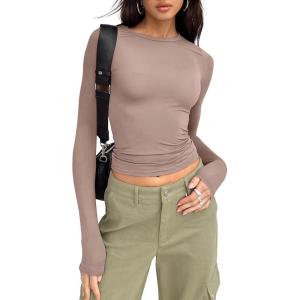 imageTrendy Queen Womens Long Sleeve Shirts Basic Crop Tops Tight Slim Fit Cute Teen Girls Fall Winter Y2k ClothesLatte