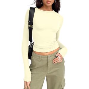 imageTrendy Queen Womens Long Sleeve Shirts Basic Crop Tops Tight Slim Fit Cute Teen Girls Fall Winter Y2k ClothesLemon Yellow
