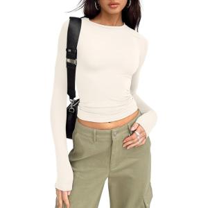 imageTrendy Queen Womens Long Sleeve Shirts Basic Crop Tops Tight Slim Fit Cute Teen Girls Fall Winter Y2k ClothesLight Apricot