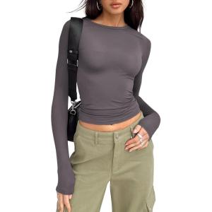imageTrendy Queen Womens Long Sleeve Shirts Basic Crop Tops Tight Slim Fit Cute Teen Girls Fall Winter Y2k ClothesLight Gray