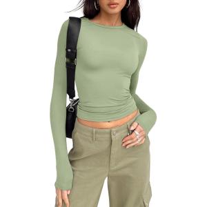 imageTrendy Queen Womens Long Sleeve Shirts Basic Crop Tops Tight Slim Fit Cute Teen Girls Fall Winter Y2k ClothesLight Green