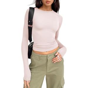 imageTrendy Queen Womens Long Sleeve Shirts Basic Crop Tops Tight Slim Fit Cute Teen Girls Fall Winter Y2k ClothesLight Pink