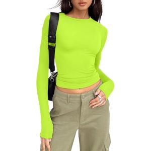 imageTrendy Queen Womens Long Sleeve Shirts Basic Crop Tops Tight Slim Fit Cute Teen Girls Fall Winter Y2k ClothesNeon Green