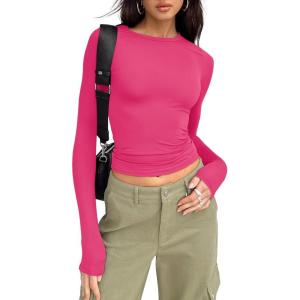 imageTrendy Queen Womens Long Sleeve Shirts Basic Crop Tops Tight Slim Fit Cute Teen Girls Fall Winter Y2k ClothesNeon Pink