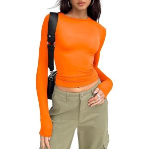imageTrendy Queen Womens Long Sleeve Shirts Basic Crop Tops Tight Slim Fit Cute Teen Girls Fall Winter Y2k ClothesOrange