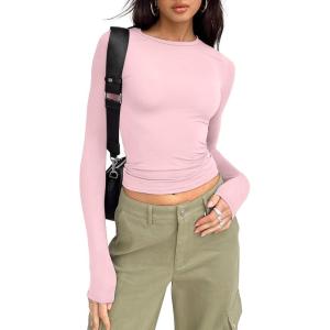 imageTrendy Queen Womens Long Sleeve Shirts Basic Crop Tops Tight Slim Fit Cute Teen Girls Fall Winter Y2k ClothesPink