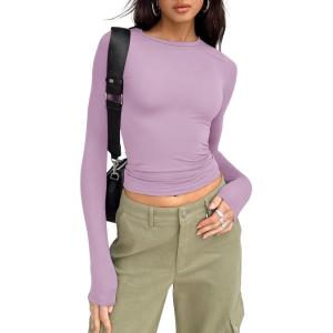 imageTrendy Queen Womens Long Sleeve Shirts Basic Crop Tops Tight Slim Fit Cute Teen Girls Fall Winter Y2k ClothesPurple