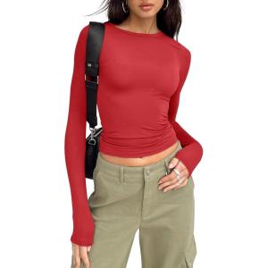 imageTrendy Queen Womens Long Sleeve Shirts Basic Crop Tops Tight Slim Fit Cute Teen Girls Fall Winter Y2k ClothesRed