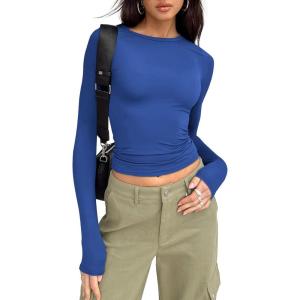 imageTrendy Queen Womens Long Sleeve Shirts Basic Crop Tops Tight Slim Fit Cute Teen Girls Fall Winter Y2k ClothesRoyal Blue