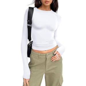 imageTrendy Queen Womens Long Sleeve Shirts Basic Crop Tops Tight Slim Fit Cute Teen Girls Fall Winter Y2k ClothesWhite