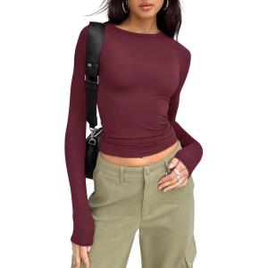imageTrendy Queen Womens Long Sleeve Shirts Basic Crop Tops Tight Slim Fit Cute Teen Girls Fall Winter Y2k ClothesWine Red